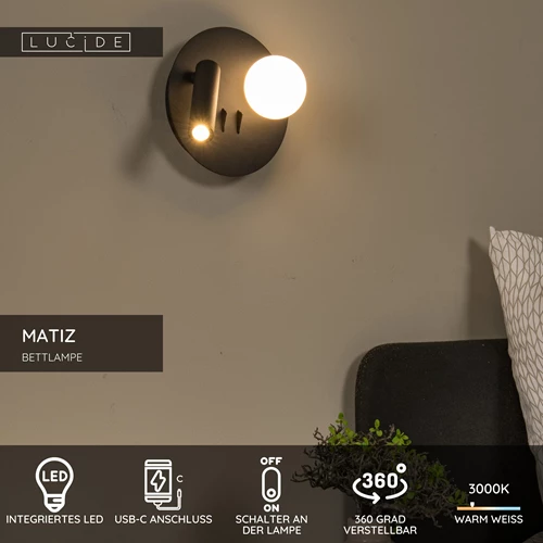 Lucide MATIZ - Bettlampe / Wandleuchte - Ø 16,5 cm - LED - 3000K - Mit USB-Ladepunkt - Schwarz - USP